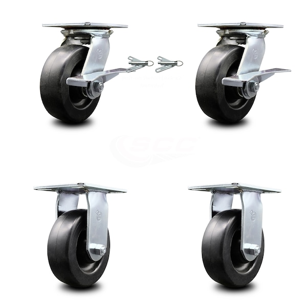 6 Inch Polyolefin Caster Brakes/Swivel Locks and 2 Rigid, 2PK